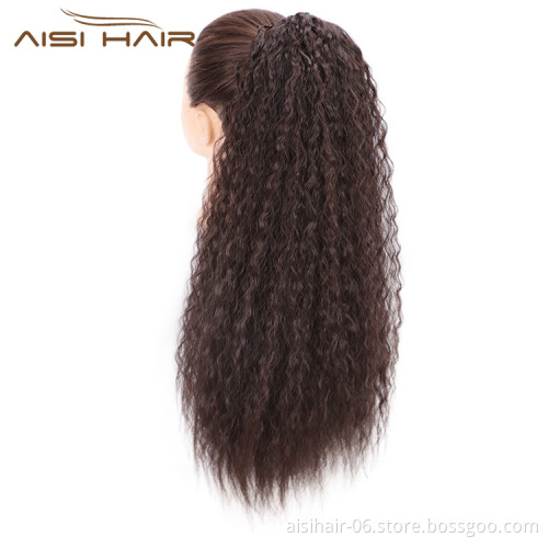 Aisi Hair High Temperature Fiber Drawstring Ponytail Hair Extensions Brown Long Wavy Synthetic Pony Tail Hairpieces